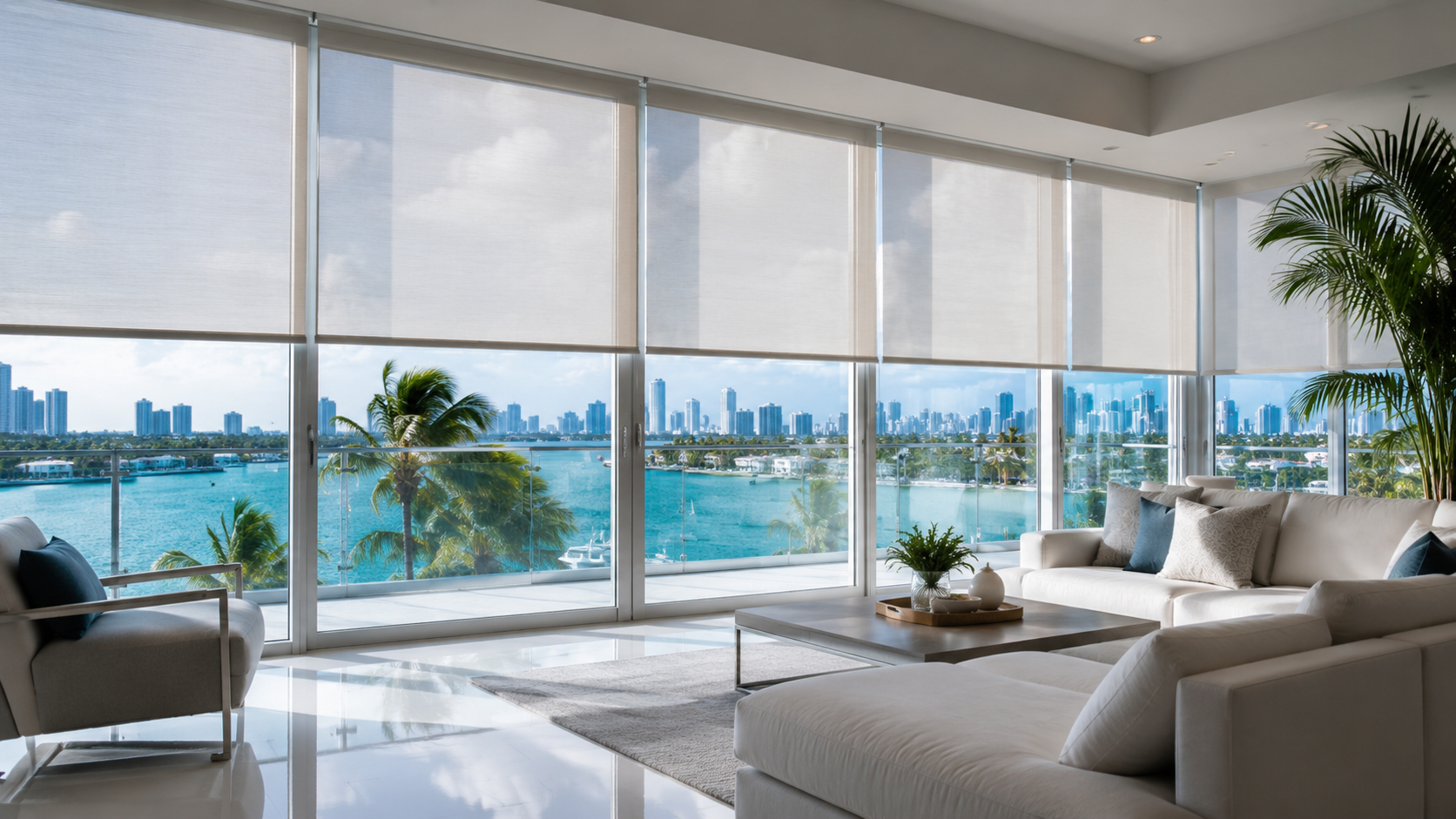 Custom roller shades installed in a luxury Miami waterfront living room by Quality Blinds Solutions