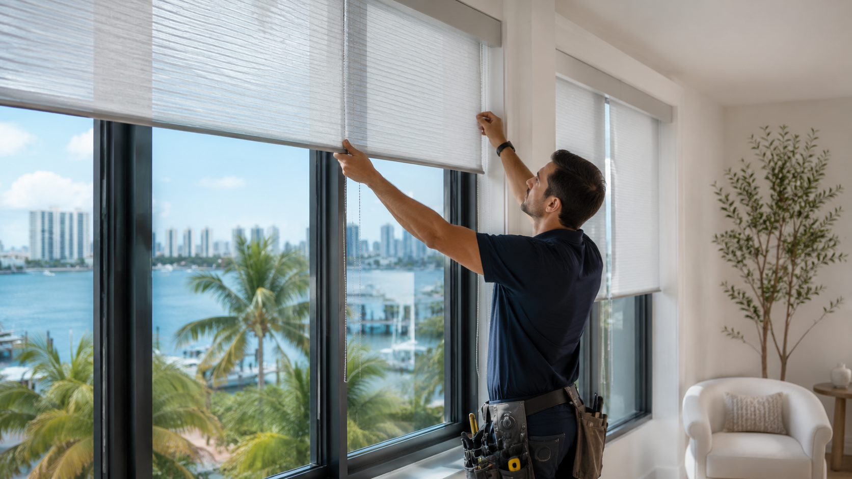 Quality Blinds Solutions technician professionally installing window treatments in a Miami home