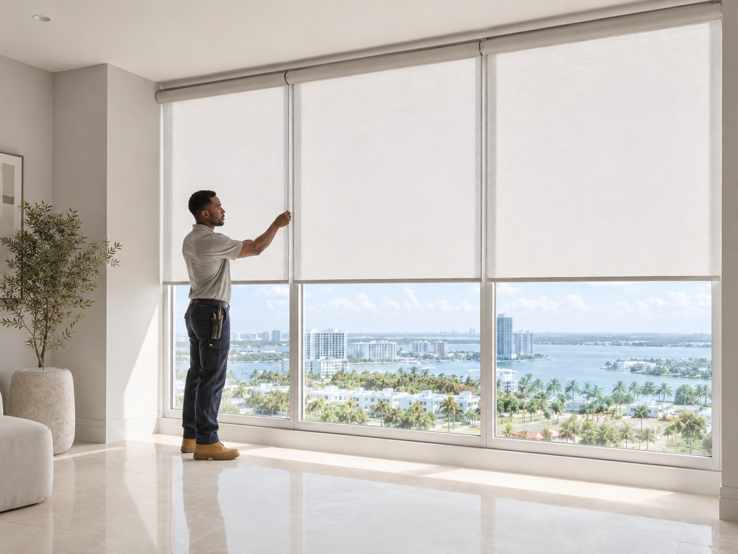 Professional window treatment installer adjusting roller shades in Miami high-rise with waterfront view