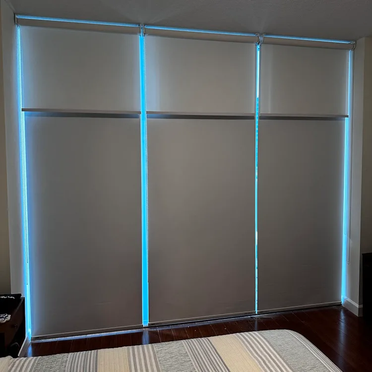 Dark blackout roller shades lowered on bedroom windows
