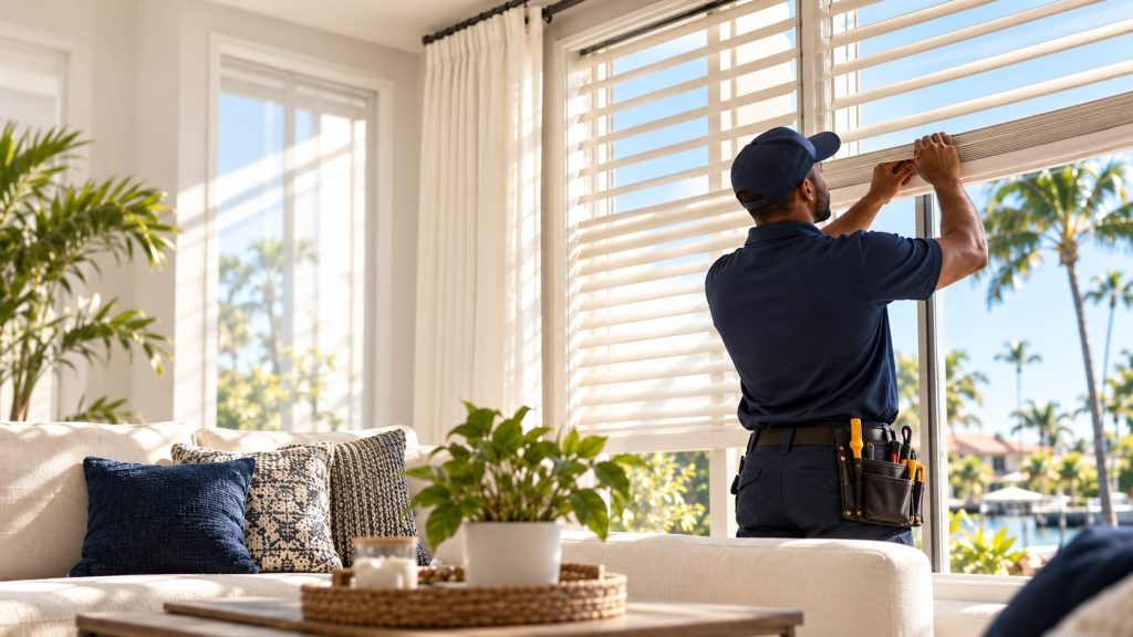 Blind repair technician working on white window blinds in a South Florida home