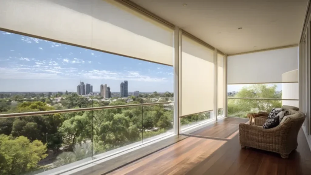 Commercial window treatments: solar roller shades on floor-to-ceiling glass with a city view