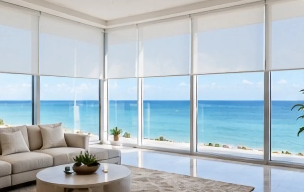 Solar shades on floor-to-ceiling windows in an oceanfront condo