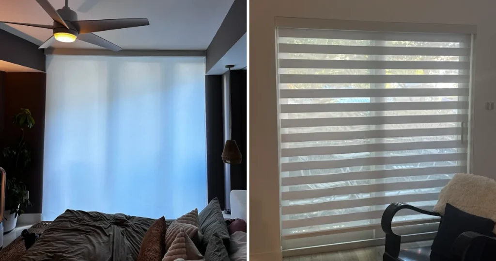 Light-filtering roller shades in a bedroom and zebra shades on a living room window