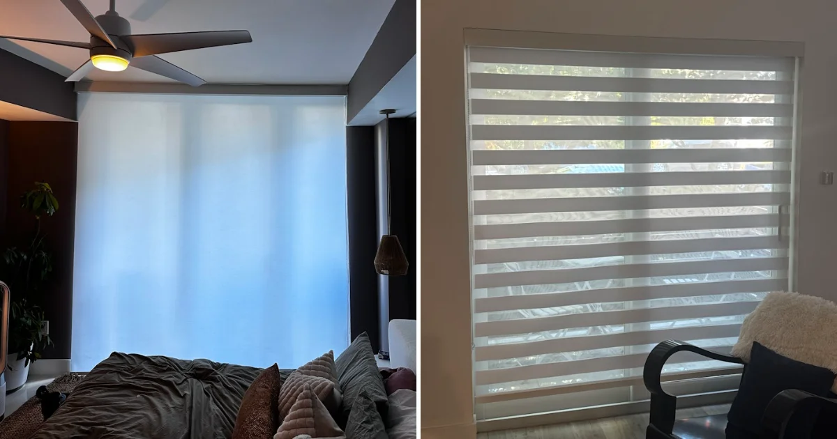 Light-filtering roller shades in a bedroom and zebra shades on a living room window