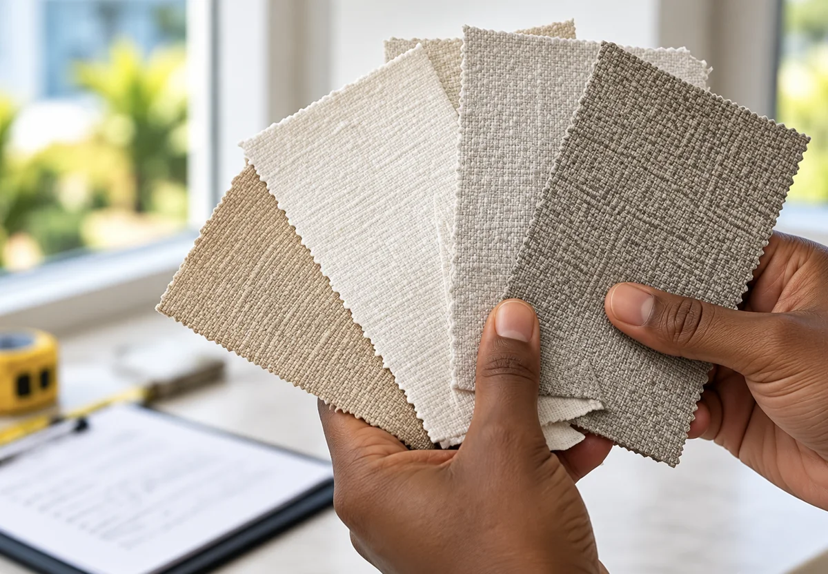 Fabric samples for commercial window shades held up to an office window