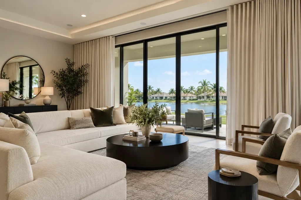 Ripple-fold drapery on a ceiling track in a model home living room