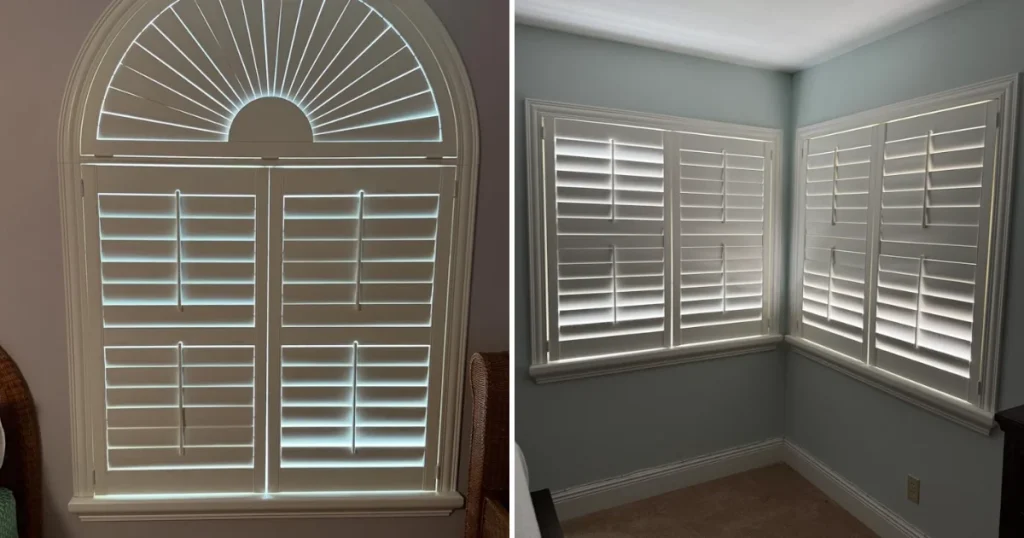 White plantation shutters on an arched window and on corner windows