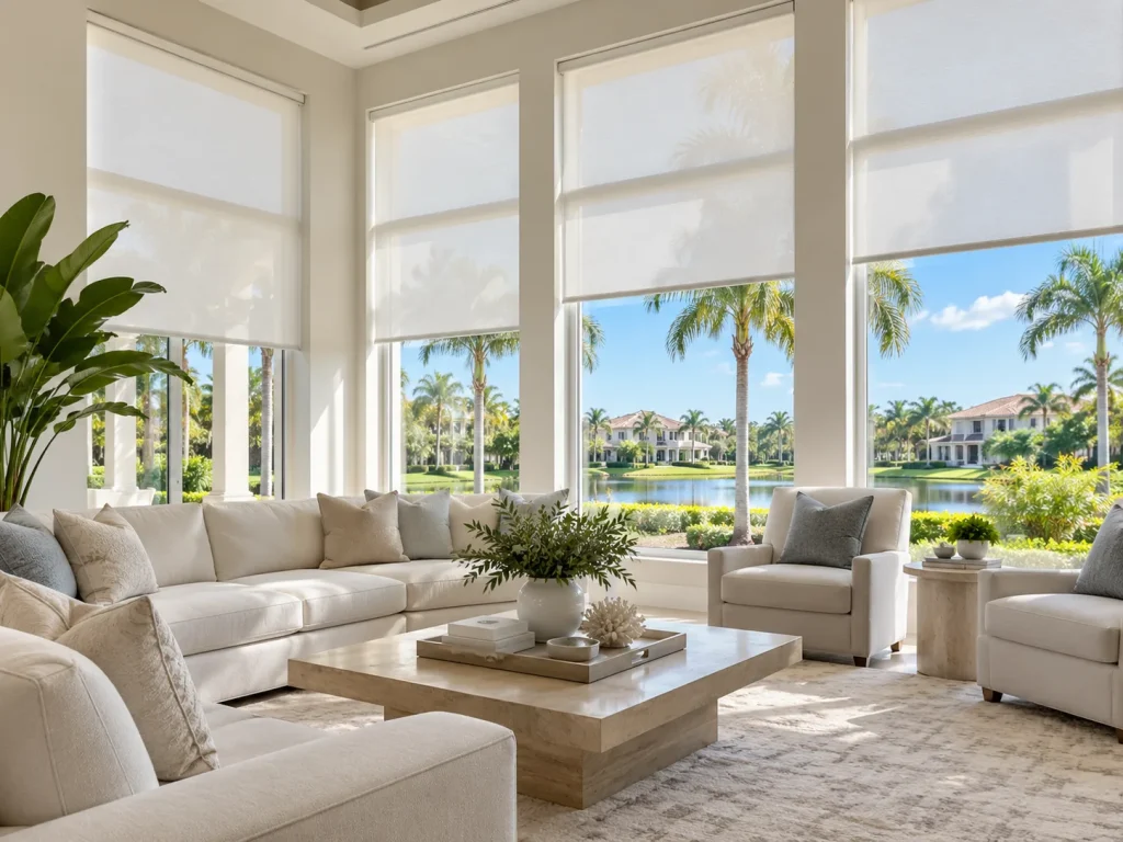 Solar roller shades on tall living room windows overlooking a lake in Weston, FL