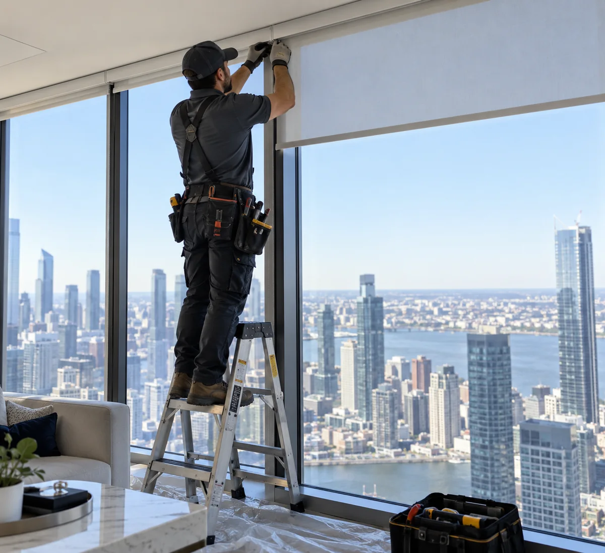 Technician installing a solar shade on floor-to-ceiling glass in a high-rise condo
